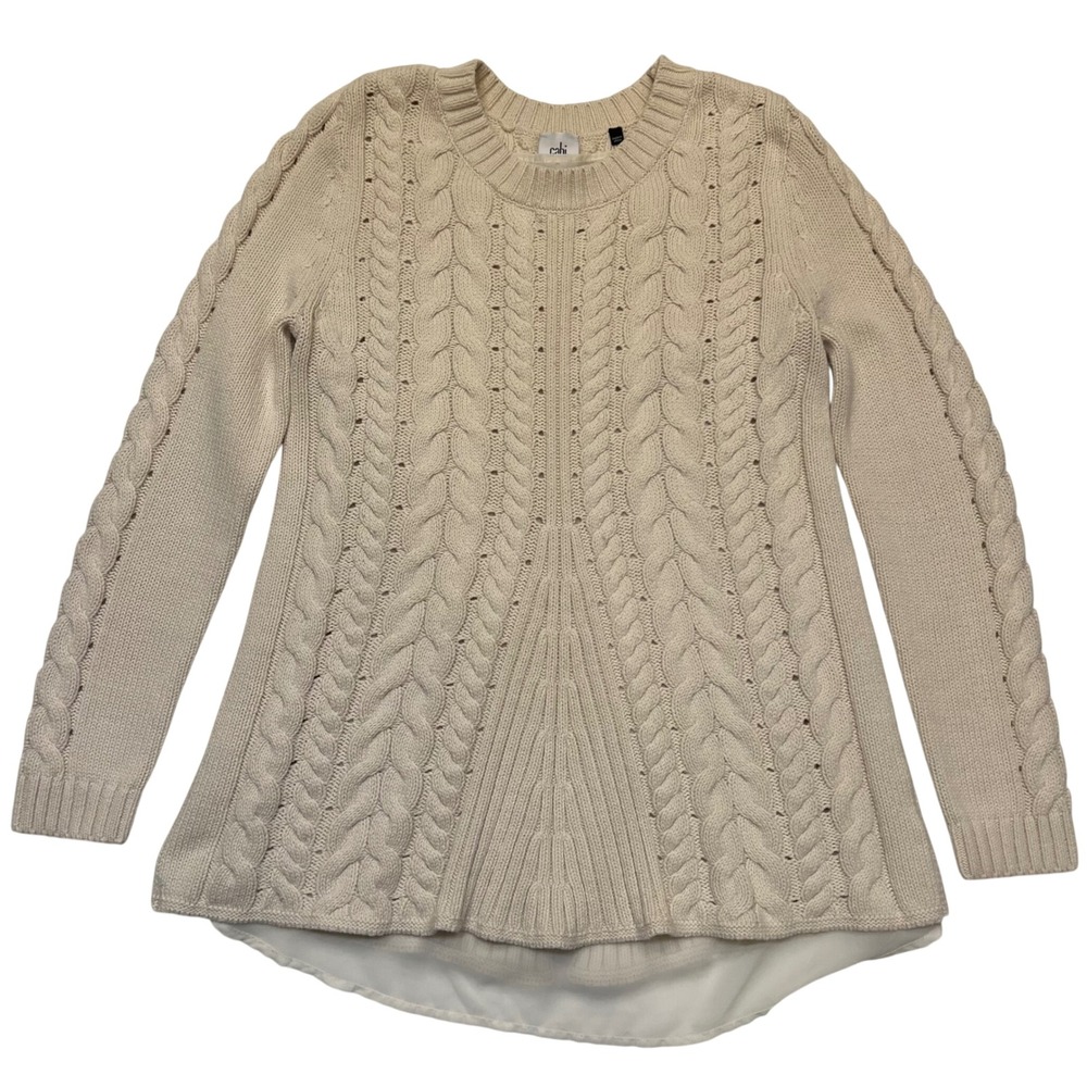 Cabi Cream Cable Knit Sheer Hem Cozycore Lace Up Back Tunic Sweater Size M